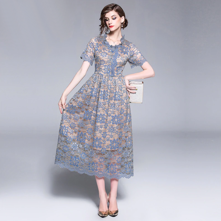 Women Casual Vintage Long Elegant Dress Maxi Ankle Length Female Lace ...