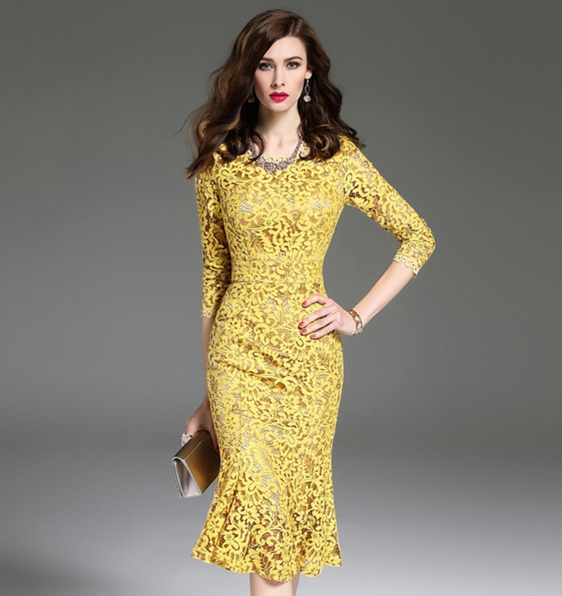 Women's Dresses 3/4 Sleeve Yellow Lace Dress Elegant Women's Dress ...