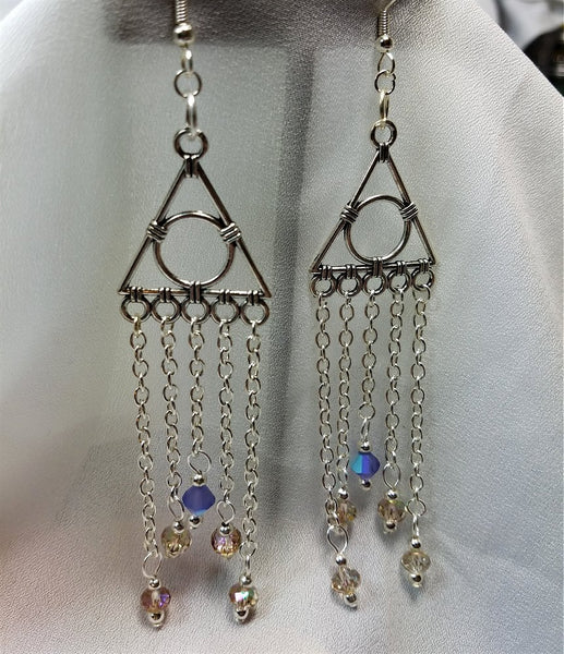 Geometric Chandelier Earrings with Chain and Swarovski Crystal Dangles ...