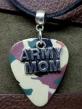 Army Mom Charm on Camo Guitar Pick Necklace on Black Suede Cord