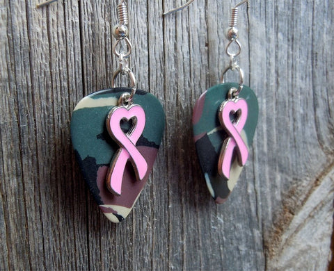 Pink Heart Ribbon Charm Guitar Pick Earrings - Pick Your Color