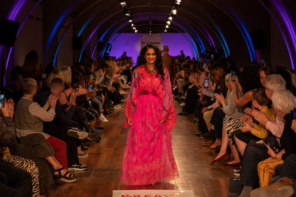 Jolita Jewellery's Feather neckalce on the catwalk of Breast Cancer Now fashion show