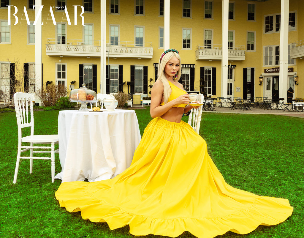 Sapphire Howell in Jolita Jewellery's statement jewels and yellow dress for Harpers Bazaar editorial feature