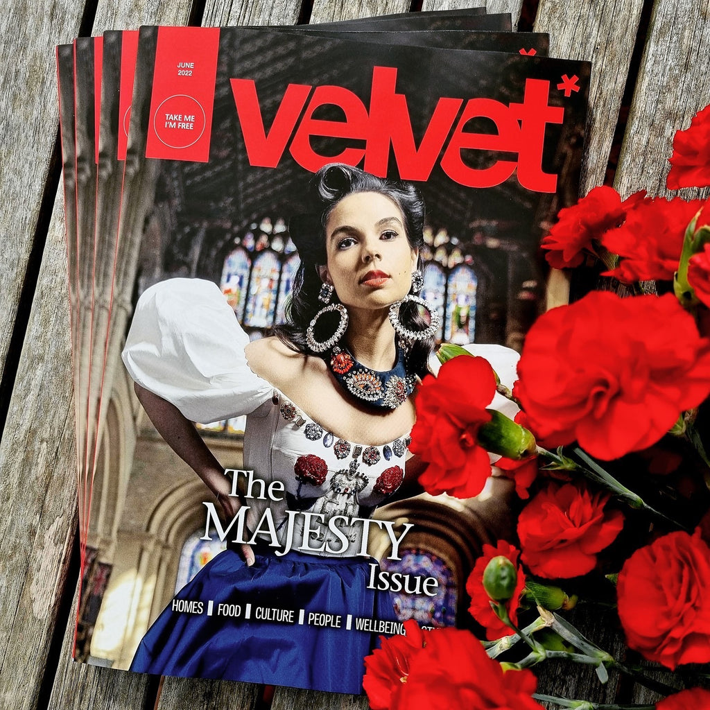 Jolita Jewellery's crystal hoop earrings and luxury collar on the cover of Velvet Magazine