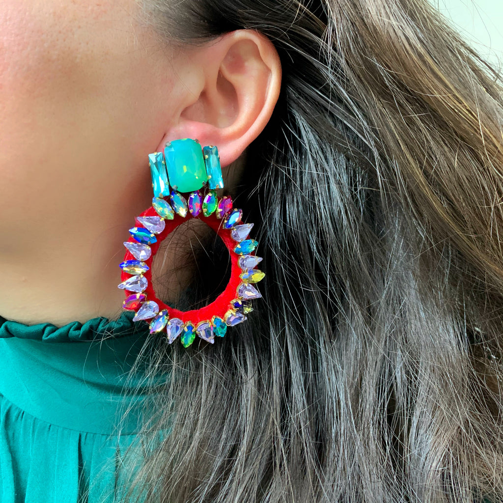 Colourful Bella hoop earrings by Jolita Jewellery handmade with colourful crystals and red velvet