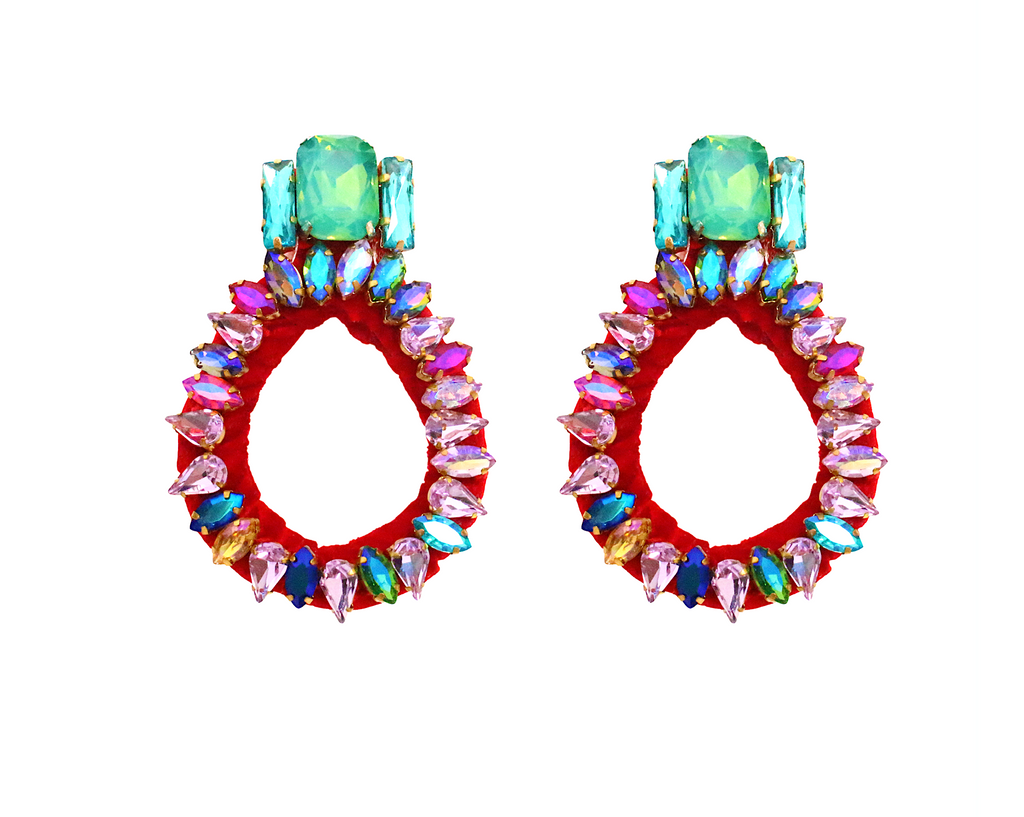 Colourful Bella hoop earrings by Jolita Jewellery handmade with colourful crystals and red velvet