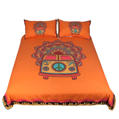 Beddingoutlet Hippie Vintage Car Bedding Set Orange Mandala Quilt