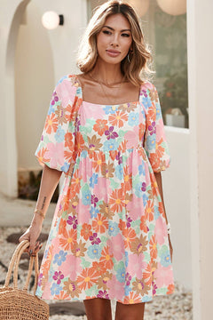 Alli - Pink Summer Floral Puff Sleeve Babydoll Dress