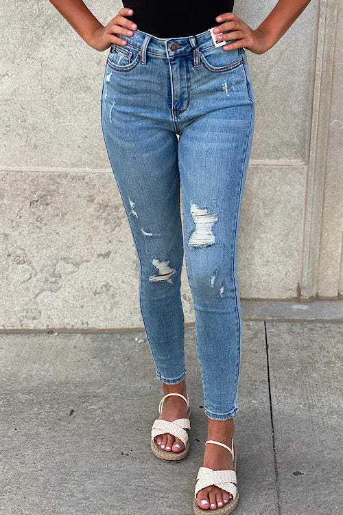 Judy Blue Tia Destroyed Skinny Fray For Us Distressed Tummy Control High  Waisted Ripped Jeans By A Designer Wholesale, Comfortale & Nice Looking  From Sdfa2023, $16.37