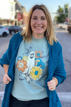 Retro Flower Ghost Tee- Bay Blue