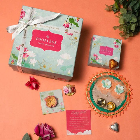 Eco-friendly plantable rakhi for with plantable rakhi, peach and green thali, small pack of roli and akshat, one gift box, chocolates.