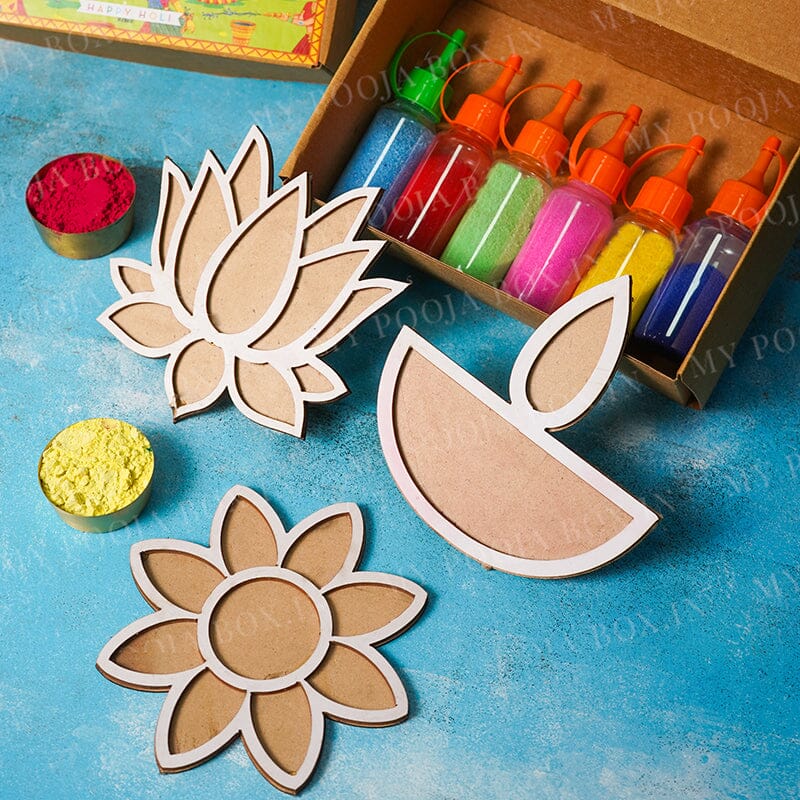 rangoli stencils of different shapes like diyas, flowers