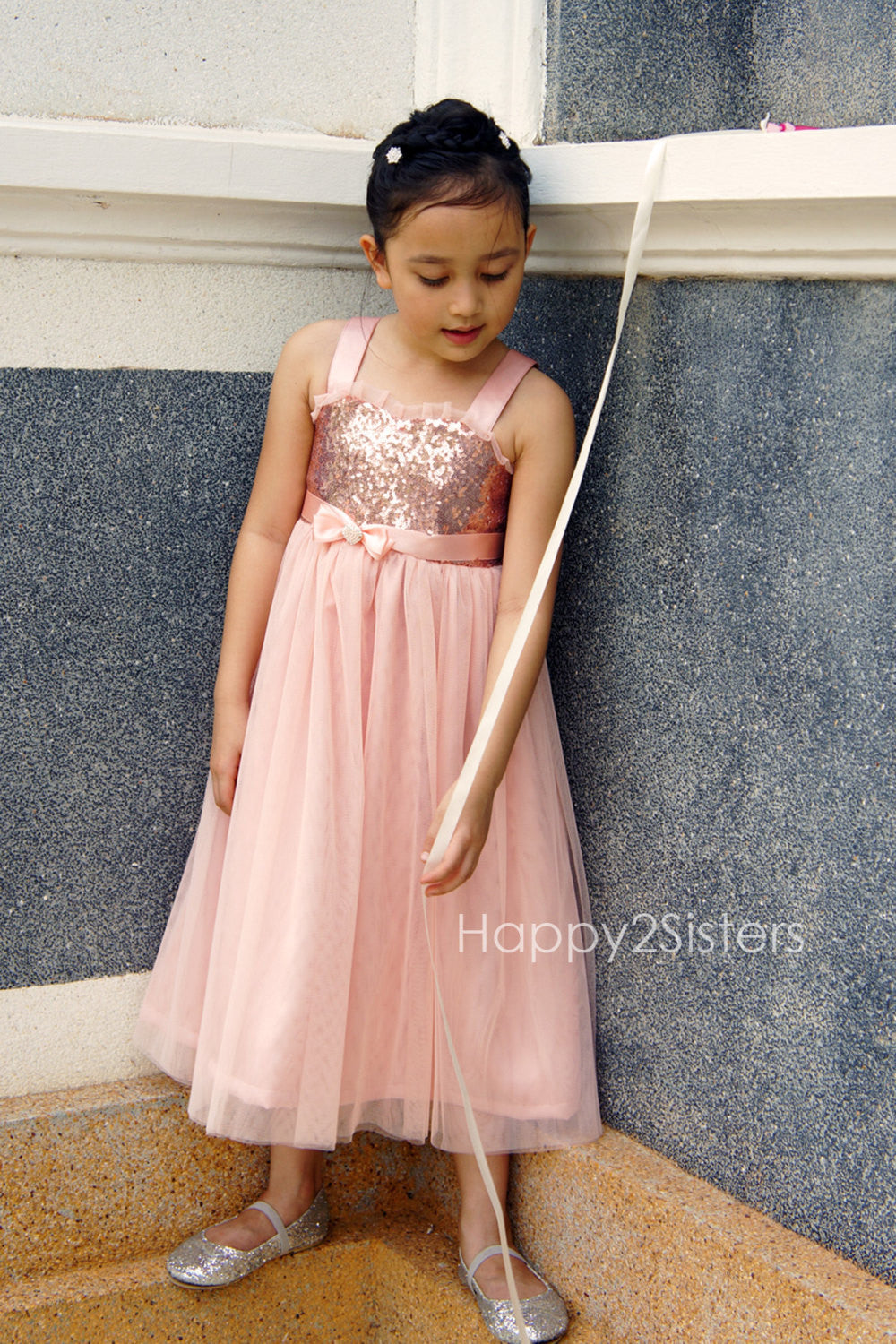 rose gold and ivory flower girl dress