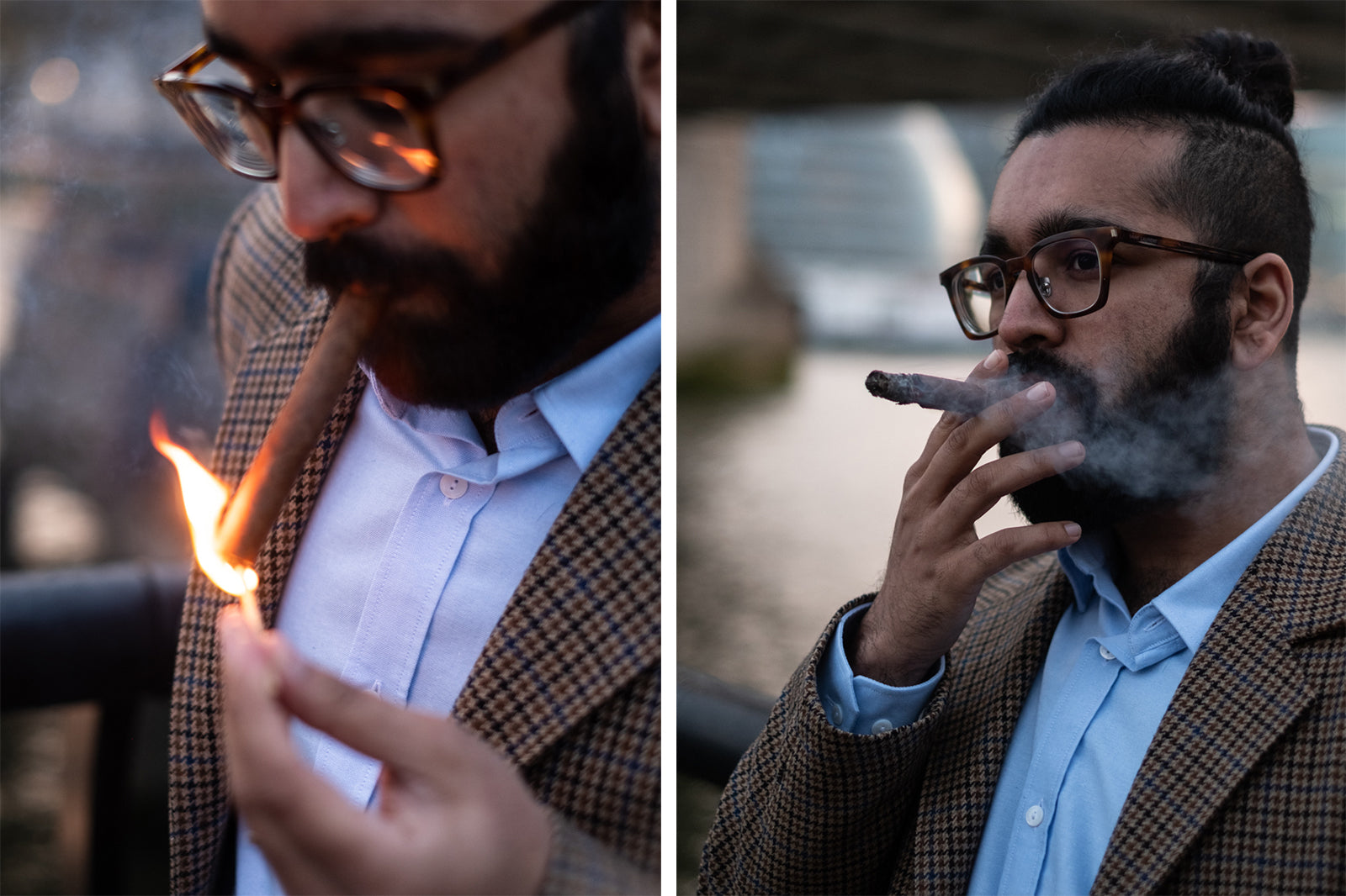 Rikesh genießt eine Petit Corona Zigarre in London