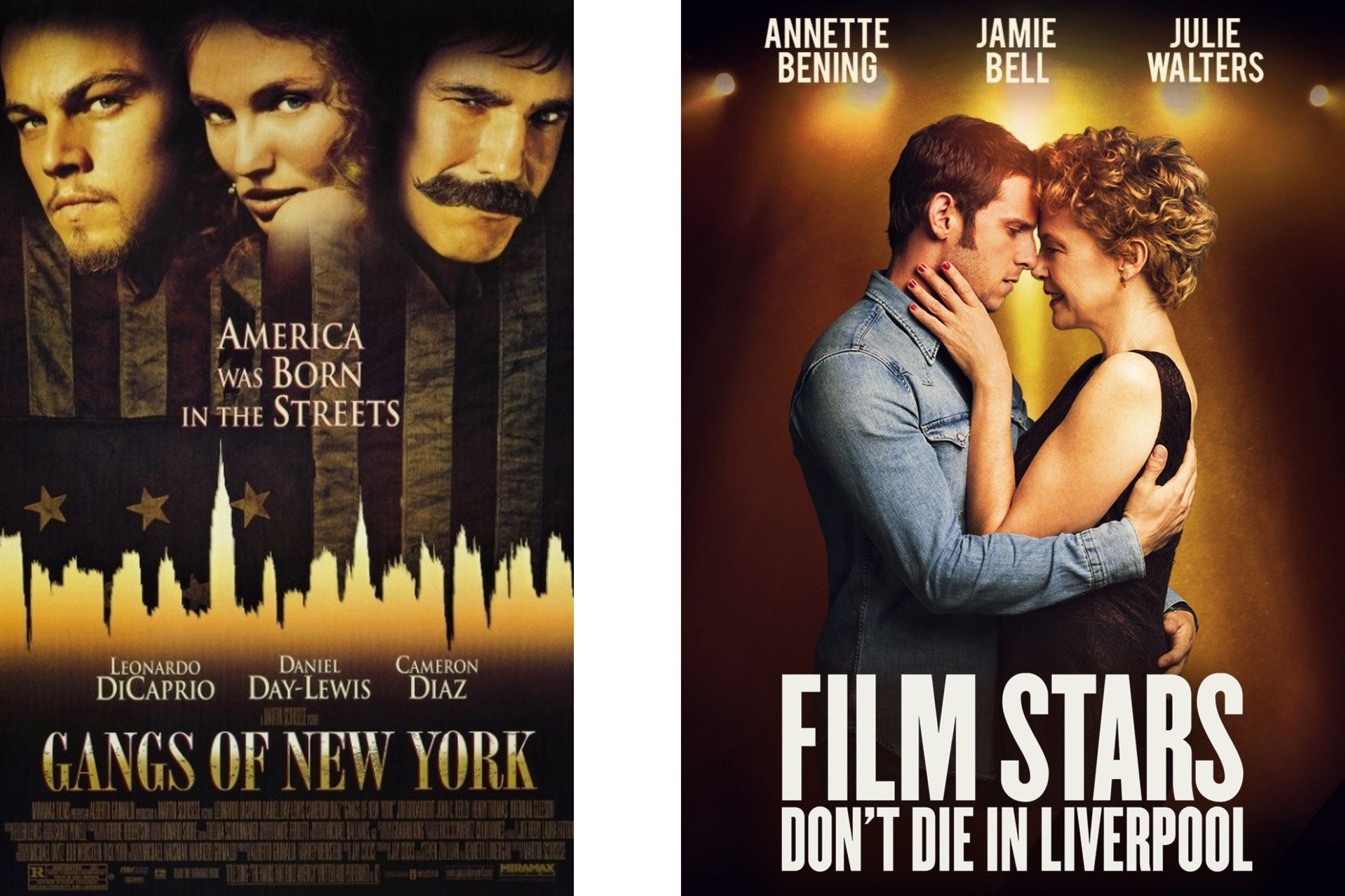 Film posters for Gangs of New York and Film Stars Don't Die in Liverpool