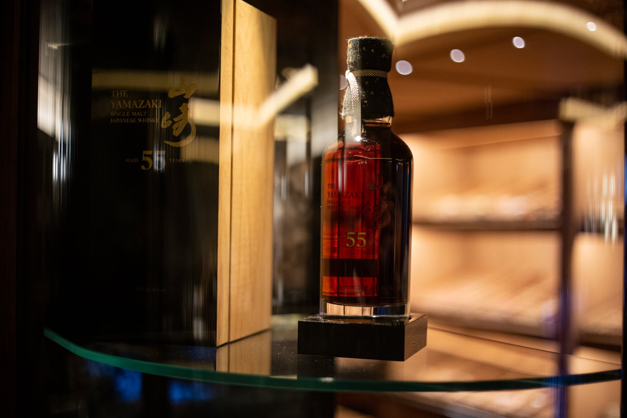 The Yamazaki 55 Year Old Single Malt on display within Oscuro's walk-in humidor