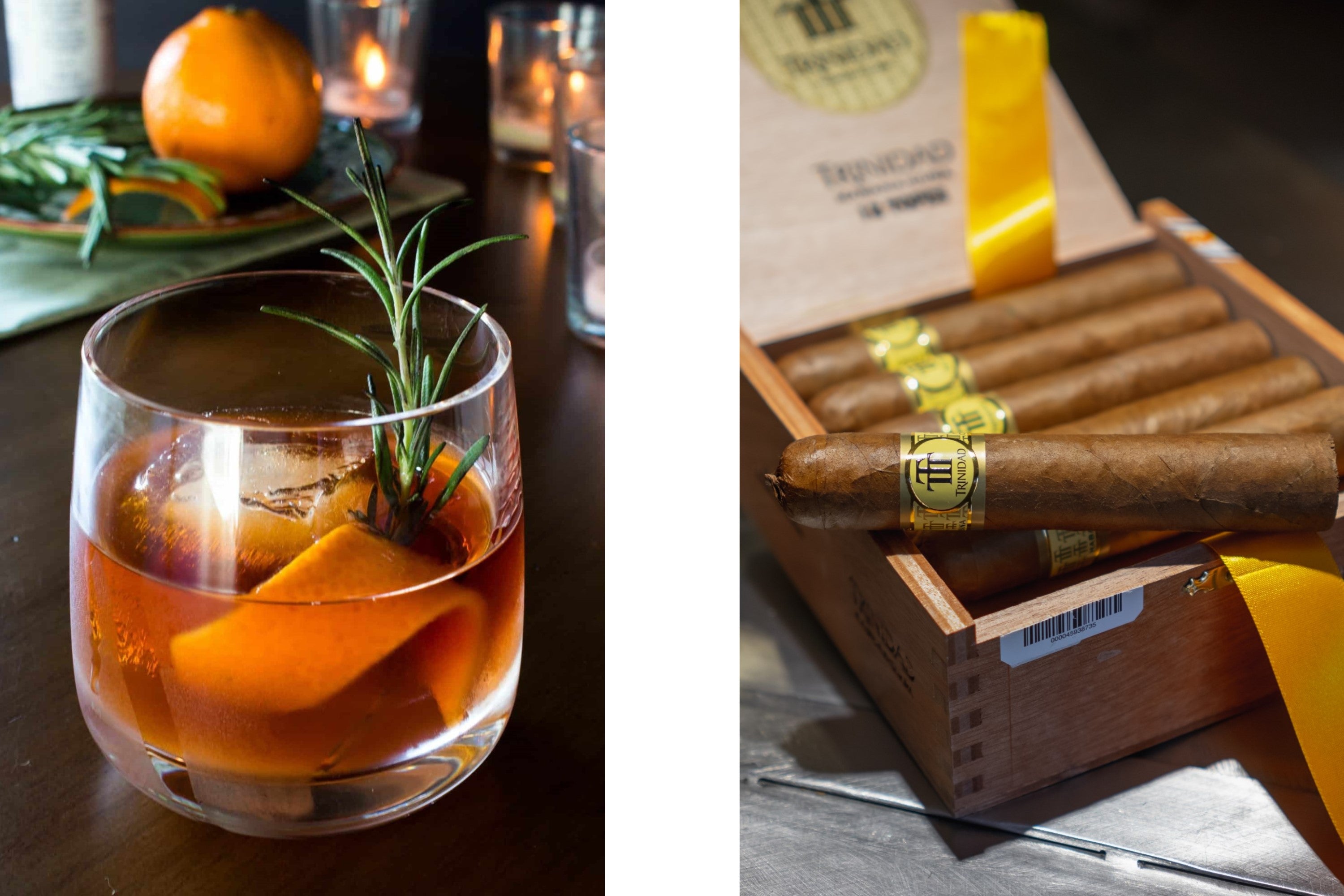 Smoked Old Fashioned with a box of Trinidad Topes