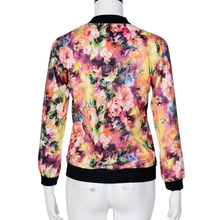 2016 Trendy Women Autumn Jacket Stand Collar Long Sleeve Slim Coats Female Zipper Floral Printed Jac