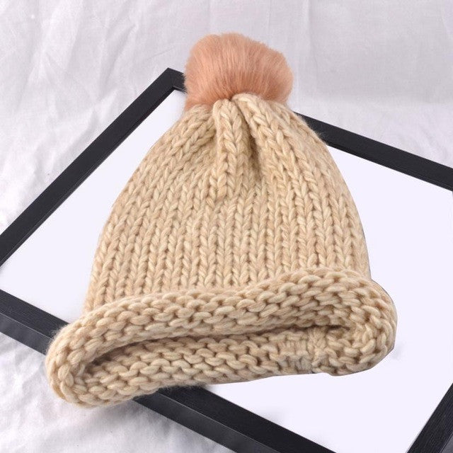 Winter Cap Women 2016 Knitted Wooling Solid Cap Winter Pompon Ball Hats for Women Warm Braided Beani