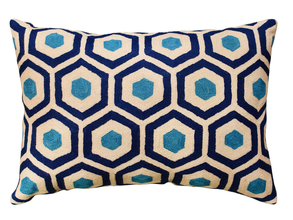 Lumbar Seamless Navy Turquoise Accent Pillow Cover Handembroidered Woo Kashmir Designs