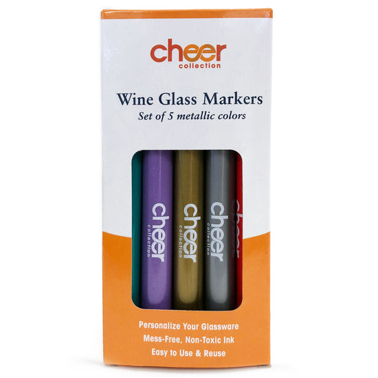 Cheer Collection Metallic Colors Wine Glass Markers, Pack of 5 Washable Pens,  Easy Erase, Dries Fast - Cheer Collection