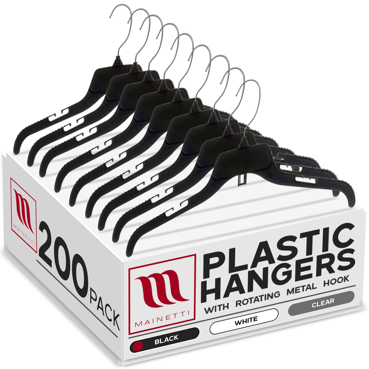 Mainetti 484, 17" NEW Black Plastic, Shirt Top Dress Hangers, with turnable metal hook and notches for straps