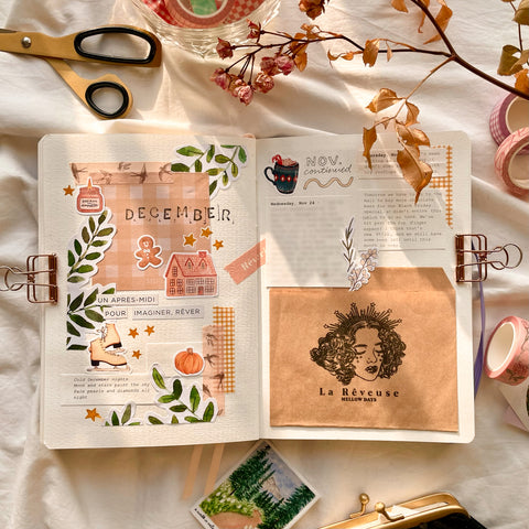 decorative your bujo using ephemera such as pieces of paper, magazine cutouts, and layering them for an easy and simple way to create an aesthetic layout in your bullet journal spread pages