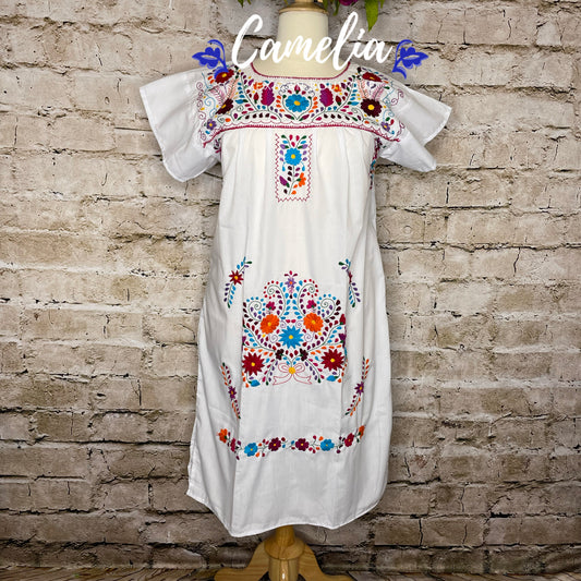 Girl's Mexican Dress Puebla White Hand Embroidered Multicolored Floral  Embroidery 
