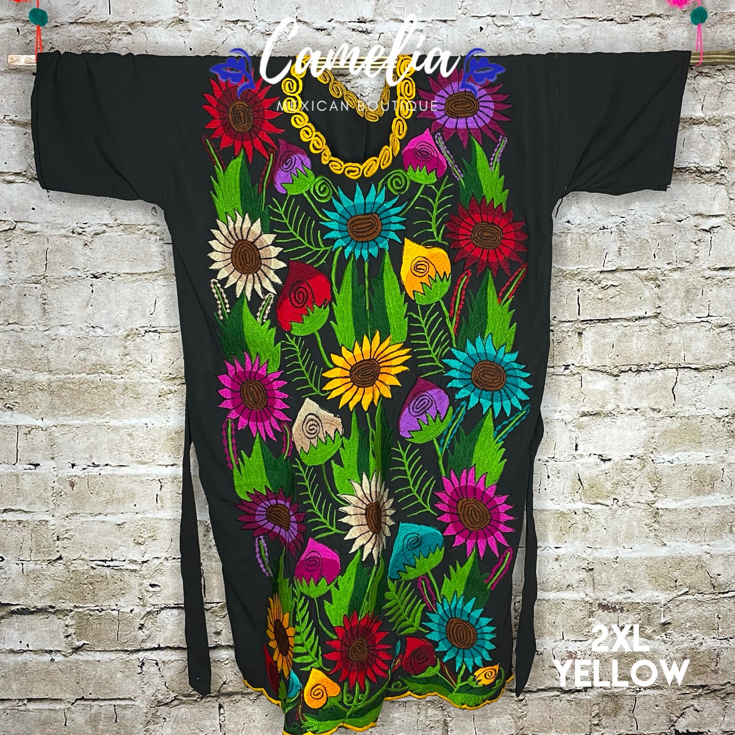Mexican Huipil Dress Sunflowers PLUS – Camelia Mexican Boutique