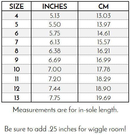 L'Amour Shoes Emma Size Chart