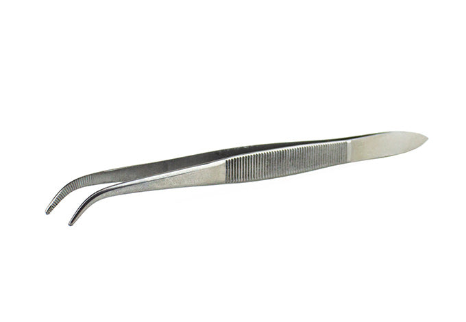 a pair of curved serrated point tweezers