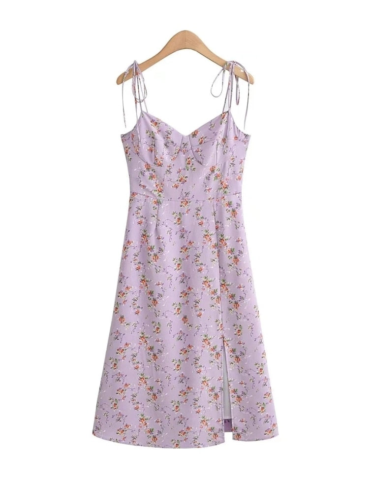 Purple Strappy Dress with Side Slit and Floral Print