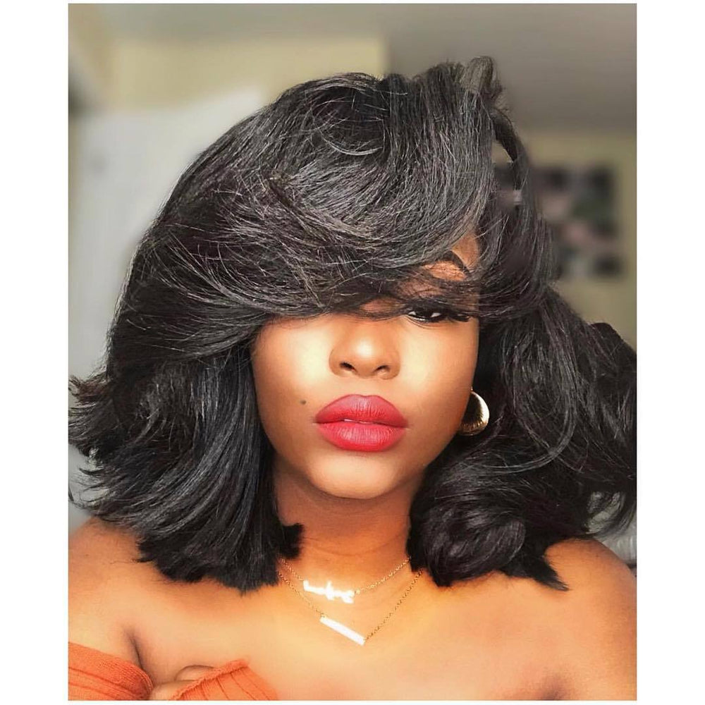 New In C Part Feather Bang Straight Brazilian Virgin Hair Lace Front Short Bob Wigs