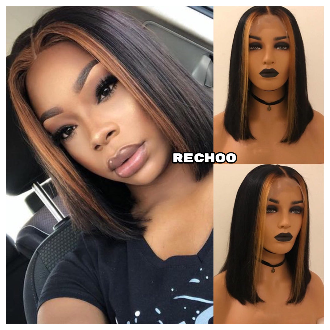 New In Blonde Highlight Straight Custom Lace Front Bob Unit Rechoo