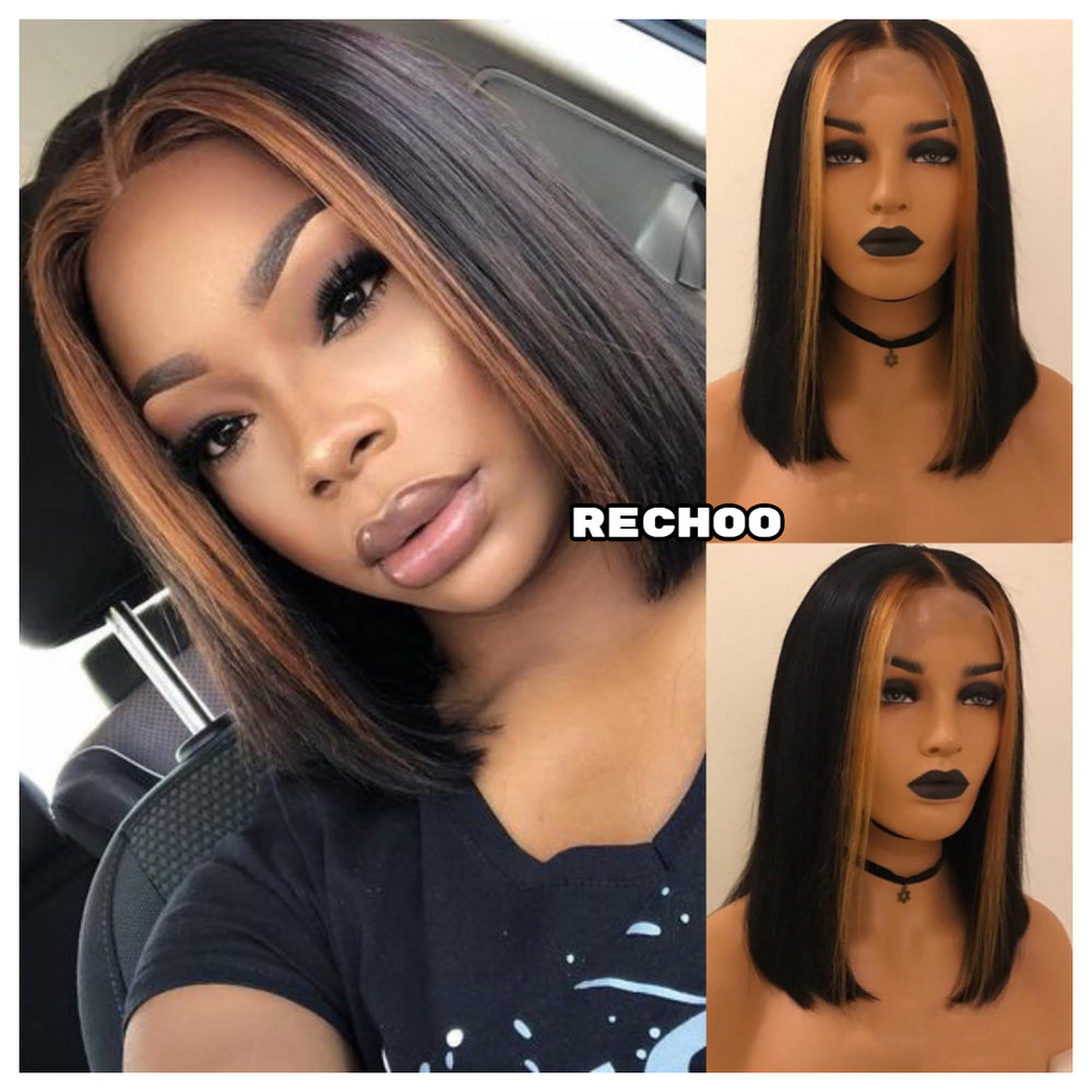 New In Blonde Highlight Straight Custom Lace Front Bob Unit Rechoo