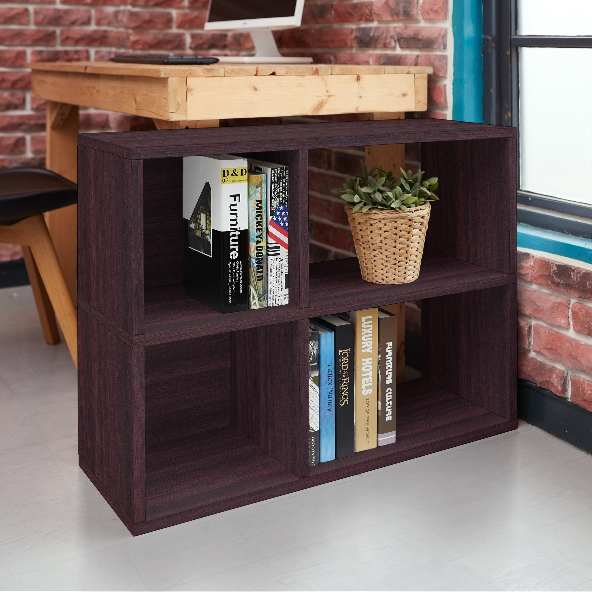 Espresso 2 Shelf Cubby Bookshelf And Storage Bookcase Way Basics
