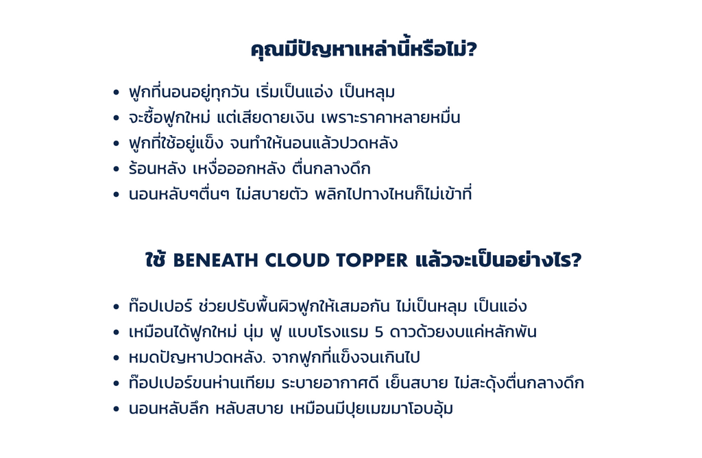 ใช้ BENEATH CLOUD TOPPER แล้วจะเป็นอย่างไร ท็อปเปอร์ ช่วยปรับพื้นผิวฟูกให้เสมอกัน ไม่เป็นหลุม เป็นแอ่ง  เหมือนได้ฟูกใหม่ นุ่ม ฟู แบบโรงแรม 5 ดาวด้วยงบแค่หลักพัน หมดปัญหาปวดหลัง. จากฟูกที่แข็งจนเกินไป ท็อปเปอร์ขนห่านเทียม ระบายอากาศดี เย็นสบายไม่สะดุ้งตื่น