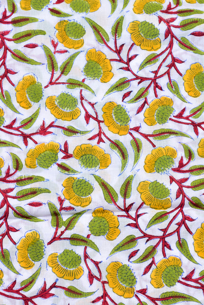 White with Yellow Flower Print Cotton Fabric