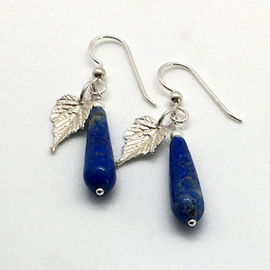 lapis lazuli teardrop earrings with sterling silver grape leaves