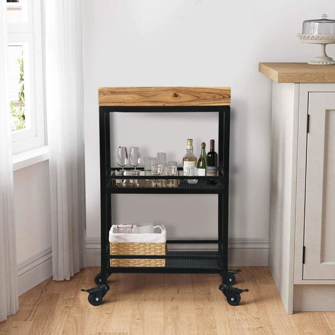 Industrial Serving Cart with 3 Tier Storage and Metal Frame