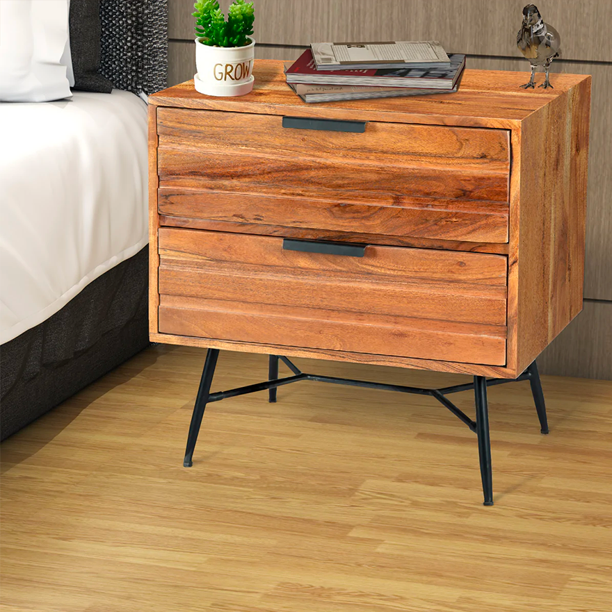 2 Drawer Wooden Nightstand With Metal Angled Legs