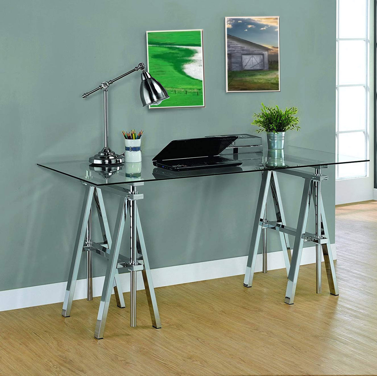 Benzara Bm159103 Adjustable Writing Desk With Sawhorse Legs Clear