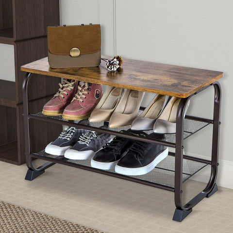 3-Tier Shoe Rack Industrial Shoe Bench with Storage Shelves-Brown