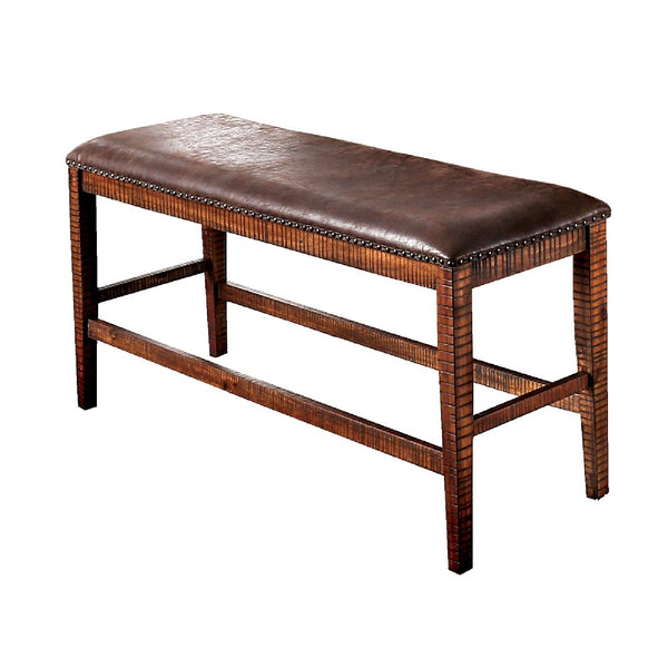 Wood and Faux leather Counter Height Bench with Nailhead Trims, Brown - BM204005