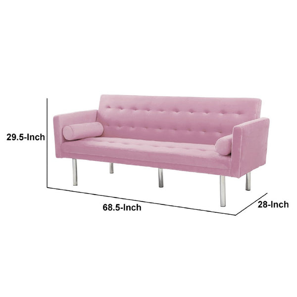 Kera 69 Inch Plush Convertible Sleeper Sofa, Square Track Arms, Pink Velvet - BM286219