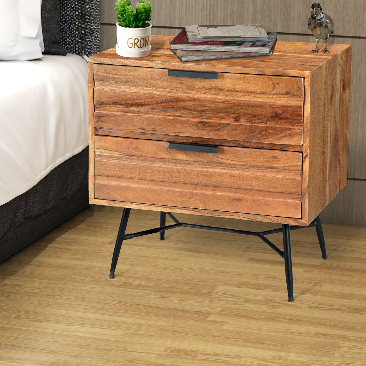 The Urban Port 2 Drawer Wooden Nightstand with Metal Angled Legs, Black