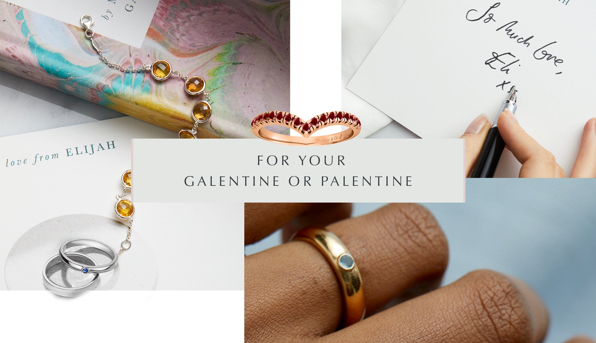 Galentines Gift Guide from Fenton, collage of images, including emerald, aquamarine and garnet rings. 