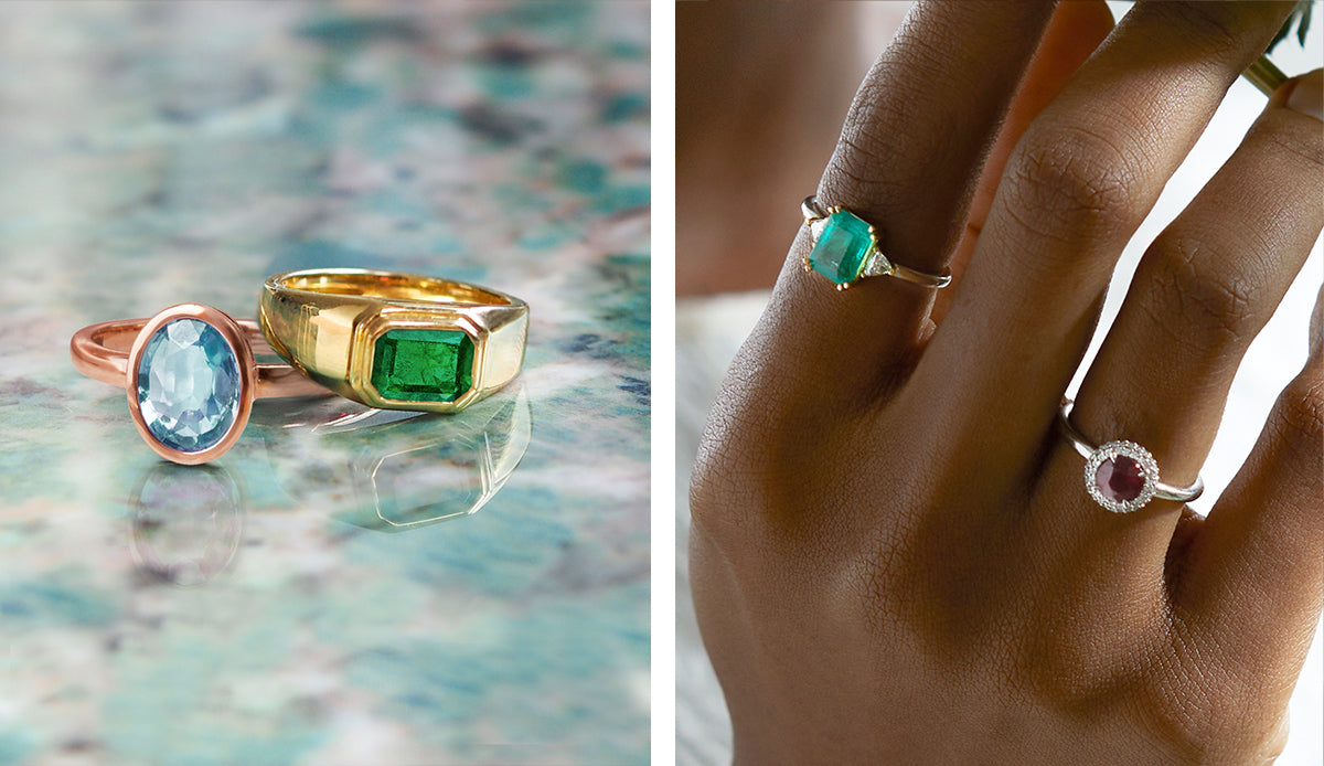 Aquamarine Emerald and Garnet Engagement Rings from Fenton
