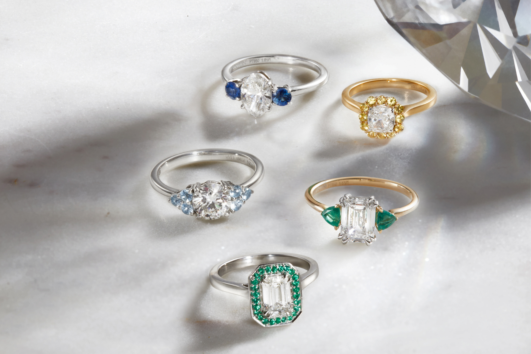 Fenton Solar Diamond Trilogy, Deco, Trefoil ring styles