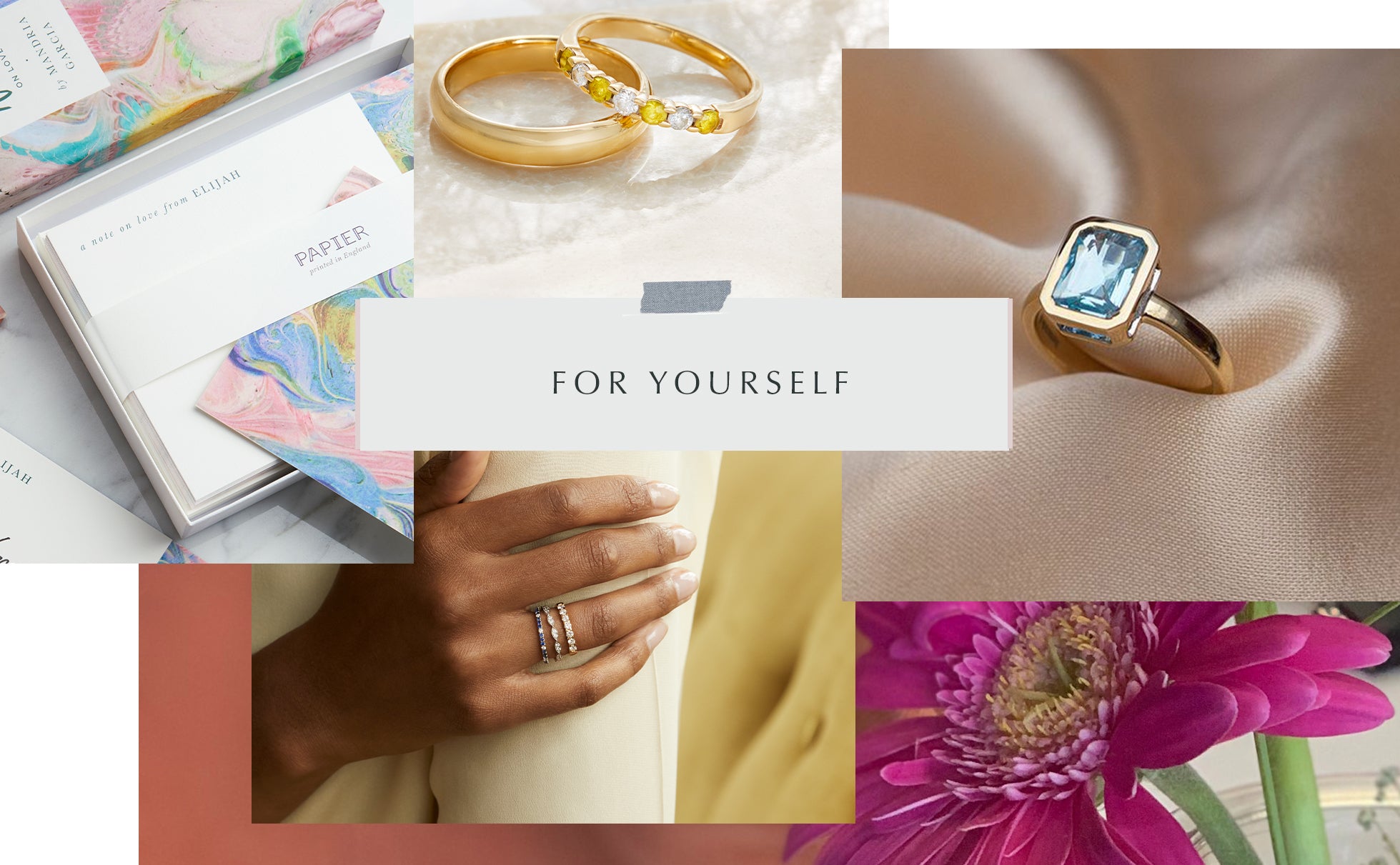 Self-gifting Gift Guide from Fenton, collage of images, including aquamarine and yellow sapphire rings. 